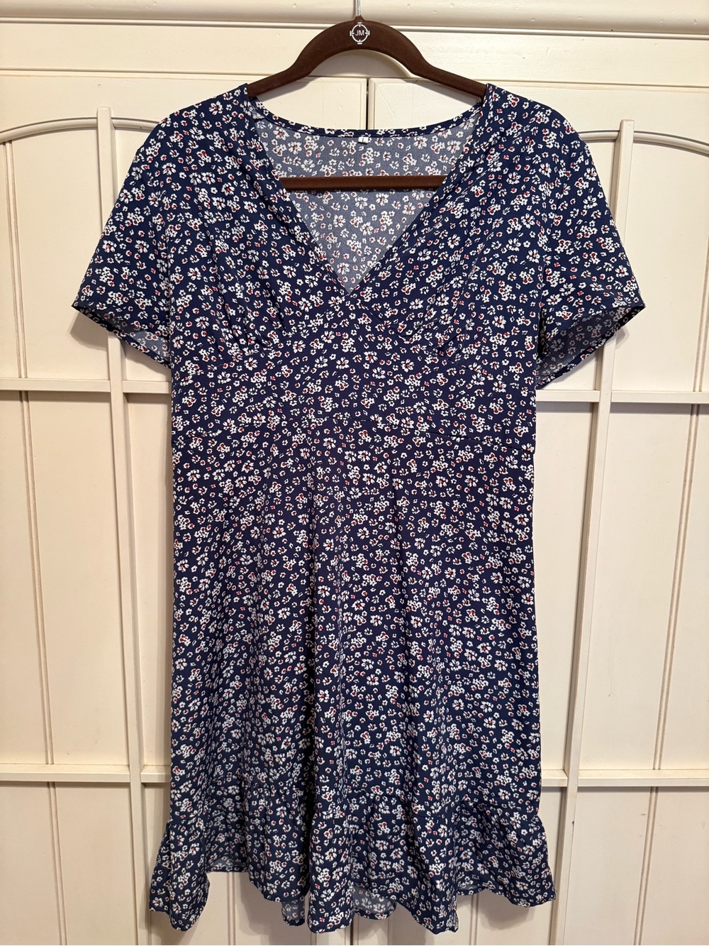 Women's Navy Floral V-Neck Short Sleeve Tunic Dress
